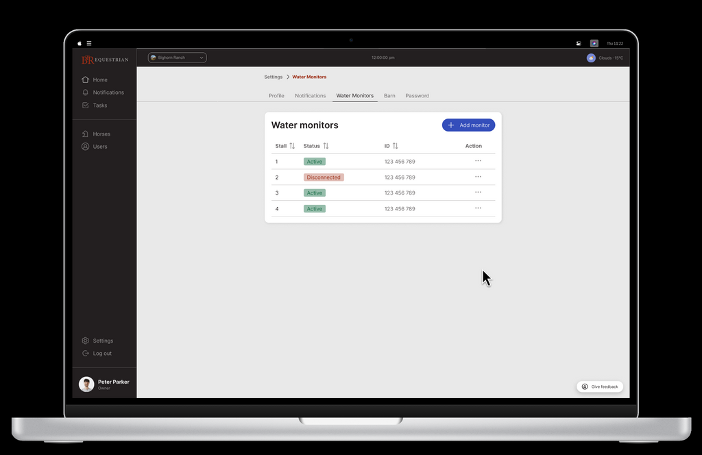 BTR App water monitor hardware status