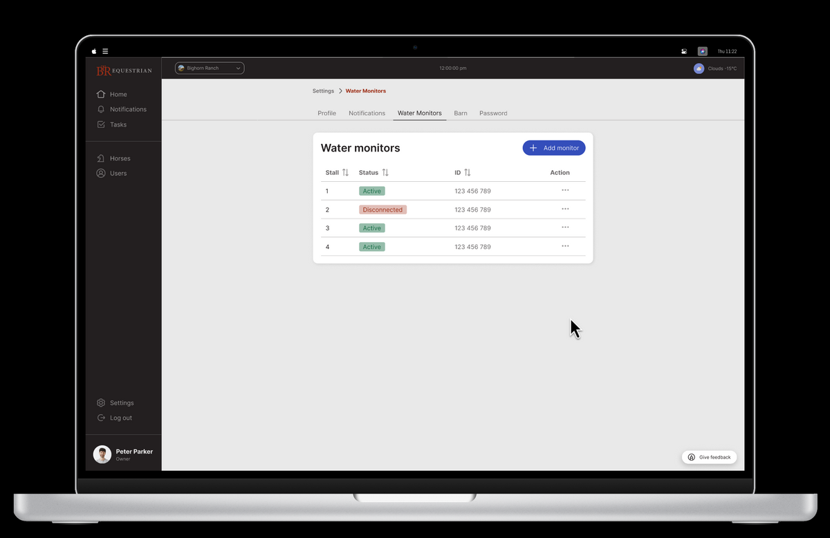 BTR App water monitor hardware status